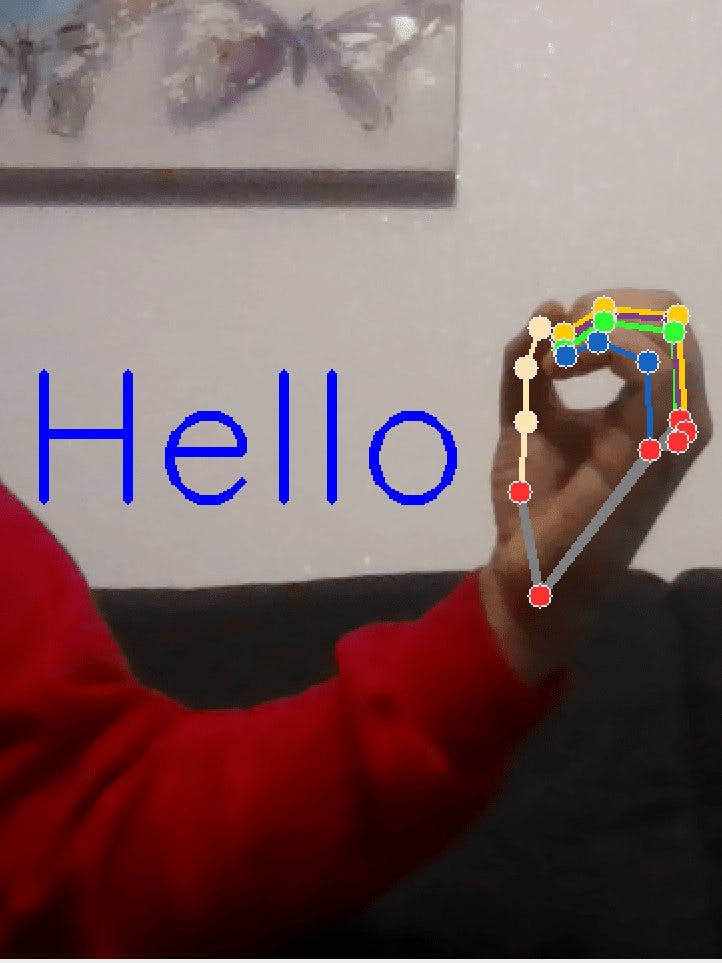 A person sitting on a couch holding a cell phone up to their face with the word hello written on it